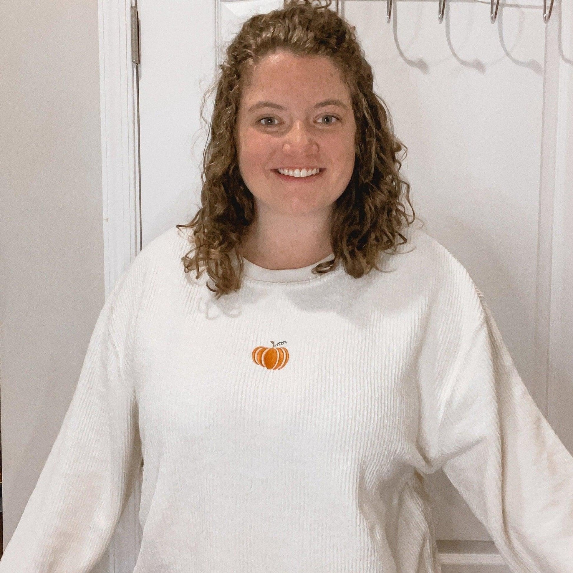 Pumpkin Embroidered Corded Crewneck - Sunshine Soul MD