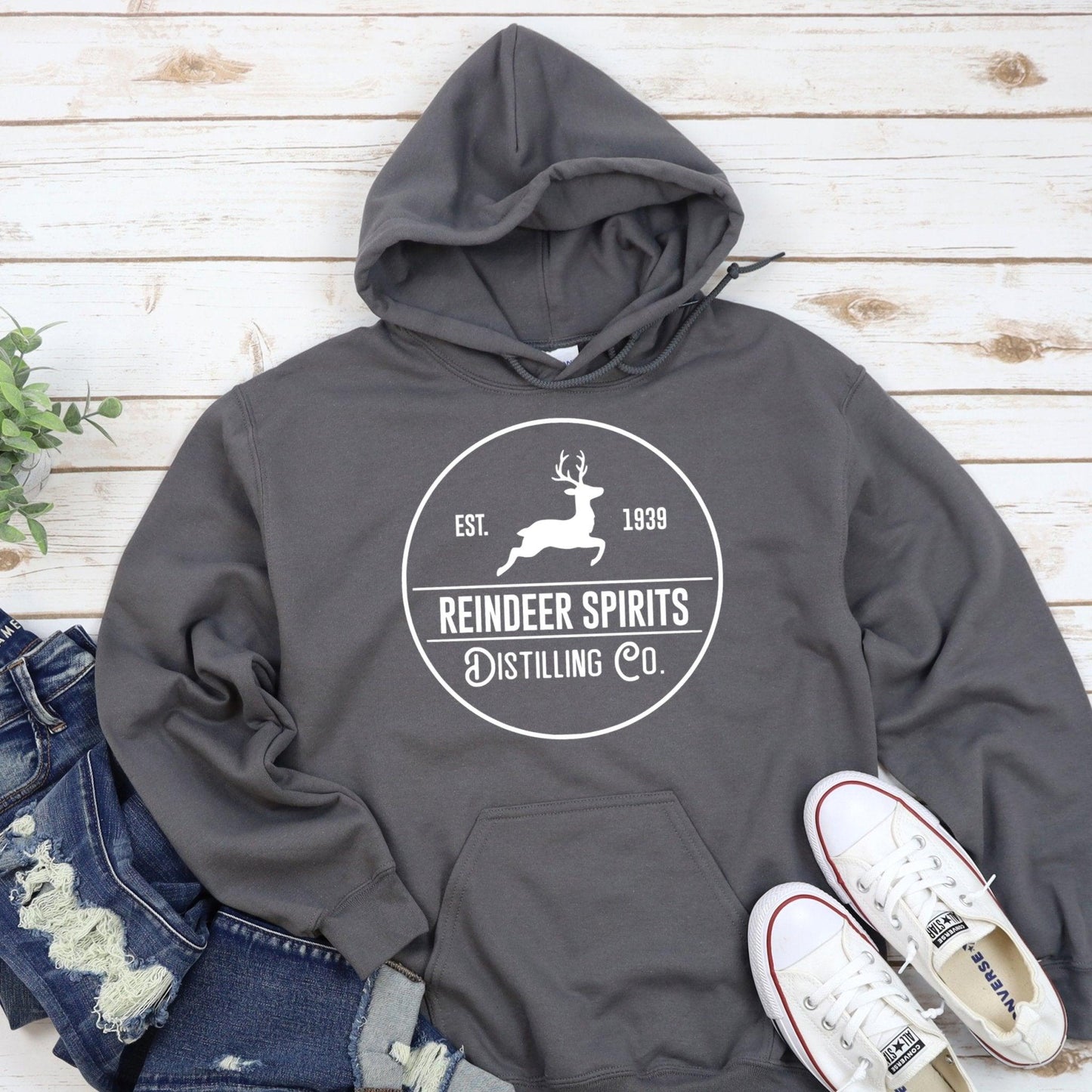 Reindeer Spirits Distilling Co Hooded Sweatshirt - CHARCOAL - Sunshine Soul MD