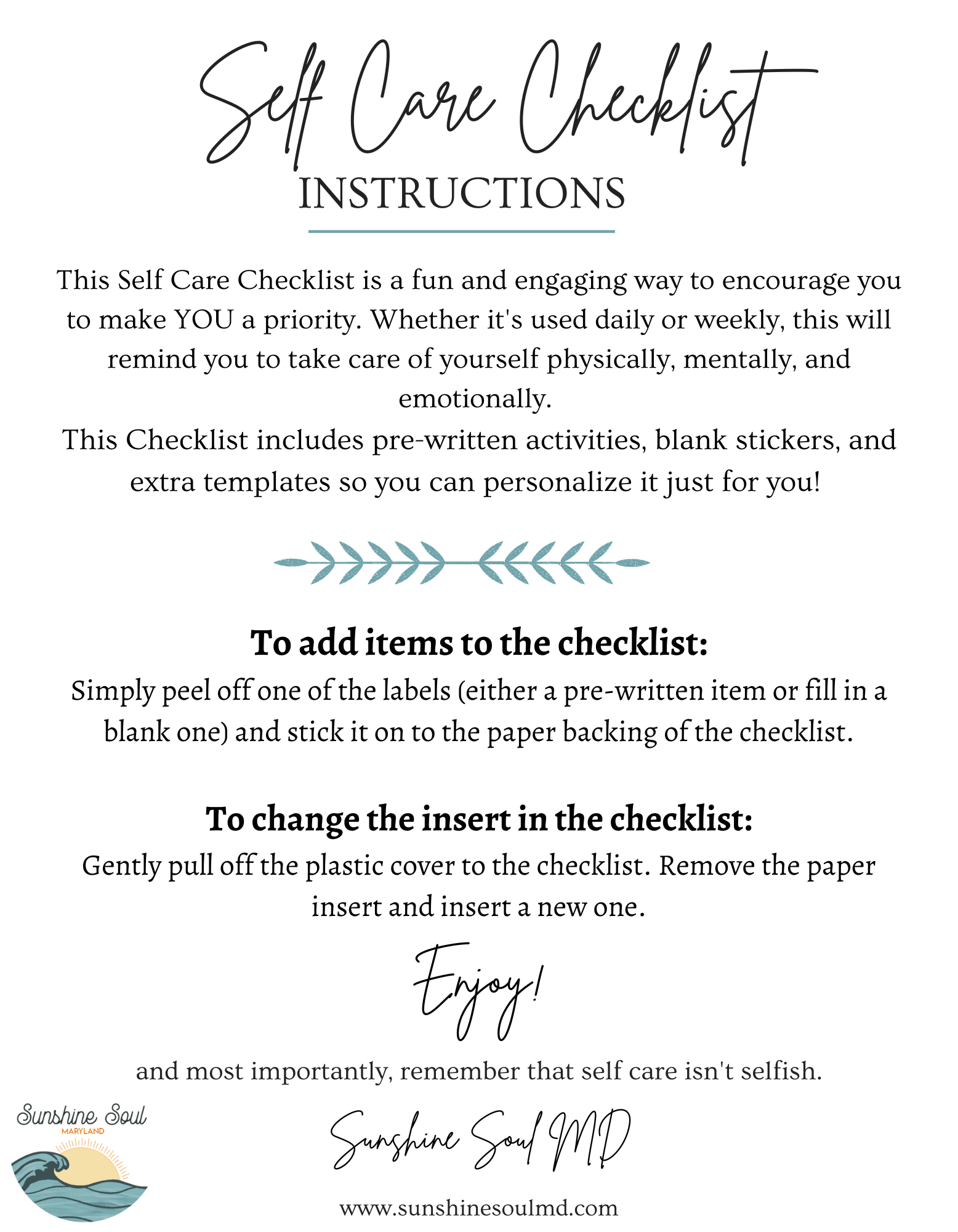 Self Care Checklist - Sunshine Soul MD