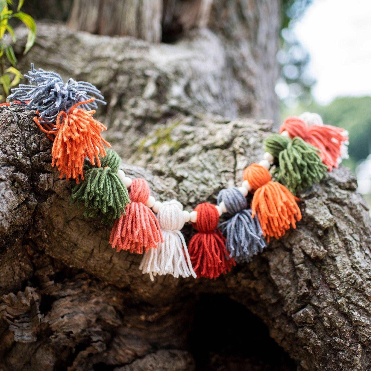 Fall Colors Yarn Tassel Garland With Wooden Beads - Sunshine Soul MD